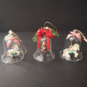 Set of 3 Christmas Tree Ornaments Glass Bells w/ Hand Painted Horses & Bear